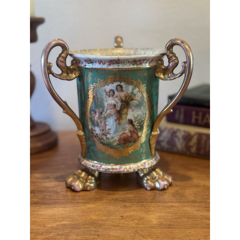 Antique Austrian Porcelain Lovers Cup Cachepot 3 Handle Claw Foot Gilt Vase READ